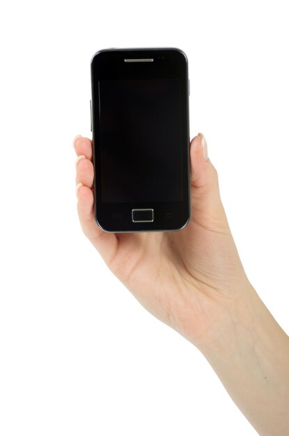 Hand met mobiele smartphone met leeg scherm