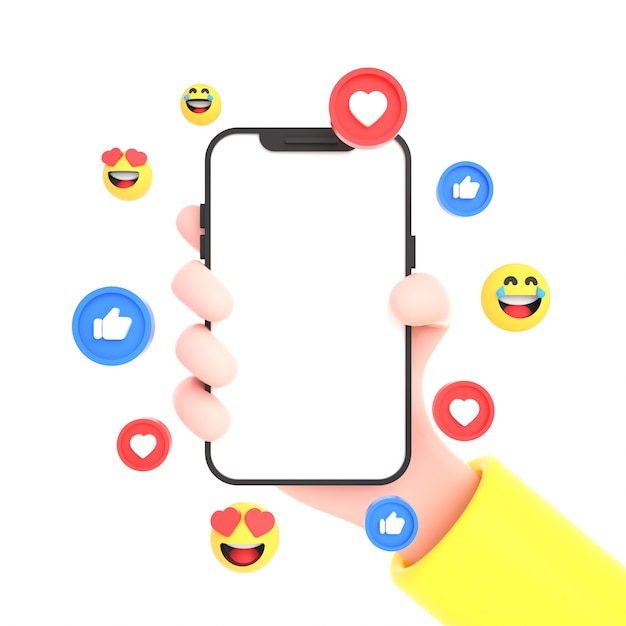 Hand met mobiele telefoon geïsoleerd met social media iconen likes en emoji's voor telefoon mockup