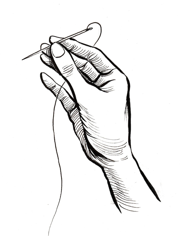Foto hand met naald en draad. inkt zwart-wit tekening