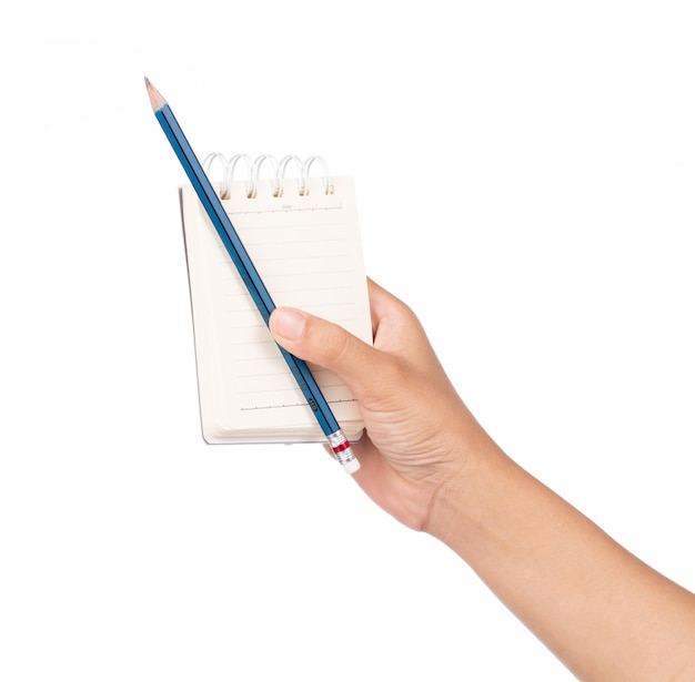hand met notebooks met een potlood geïsoleerd op een witte achtergrond