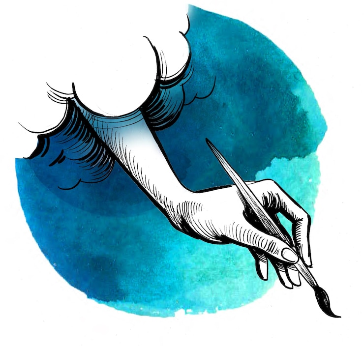 Foto hand met penseel met de hand getekende inkt en aquarel schets