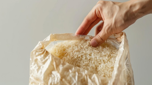 Hand met plastic zak vol rijst.