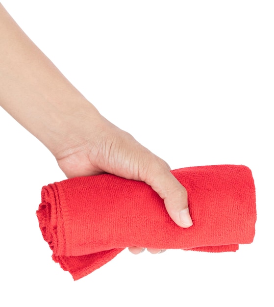 Foto hand met rode handdoeken geïsoleerd op een witte achtergrond.