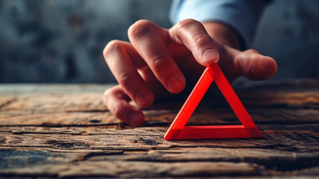 Foto hand met rood driehoekig waarschuwingsbord voor onderhoudswaarschuwing en gevaaridee