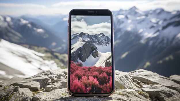 Hand met slimme telefoon vangt bergschoonheid