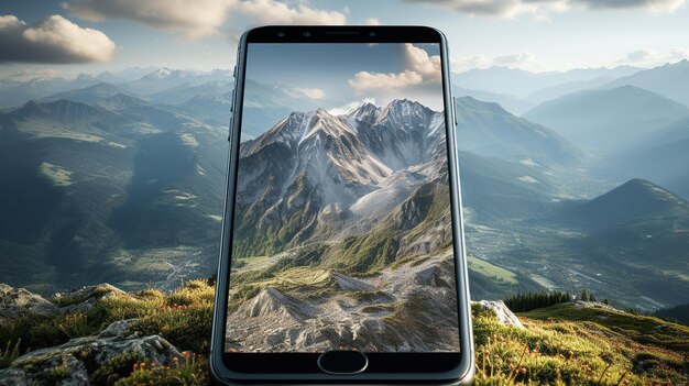 Hand met slimme telefoon vangt bergschoonheid