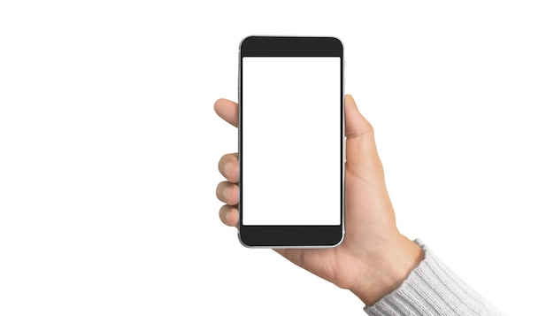 Hand met smartphone-apparaat geïsoleerd op een witte achtergrond mockup