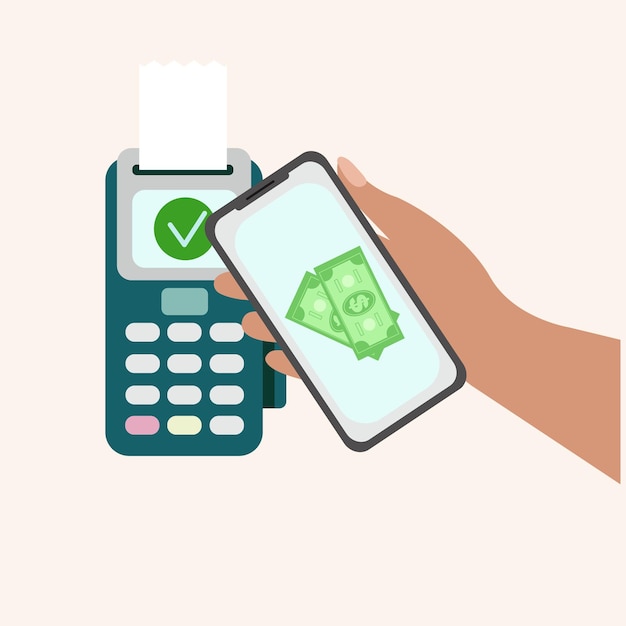 Hand met smartphone bij POS-terminal vectorillustratie Draadloos contactloos betalingsconcept