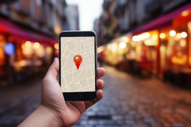 Hand met smartphone met GPS-navigatie-app en locatiepinpictogram op wazige winkelstraat AI