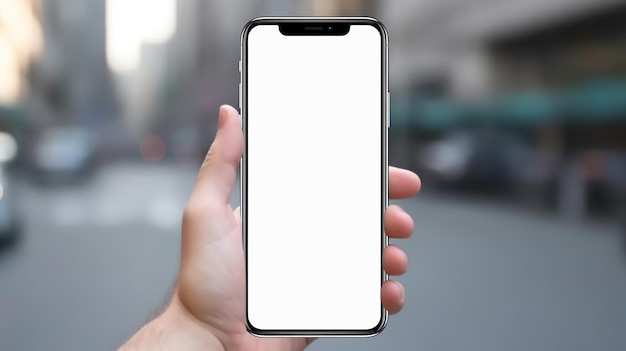 Hand met smartphone met wit scherm mockup op stadsachtergrond Generatieve Ai