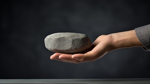 hand met steen in de vorm van een bal op een zwarte achtergrond