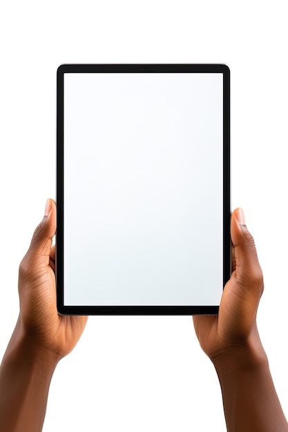 Hand met tablet met mockup leeg scherm geïsoleerd op een witte achtergrond