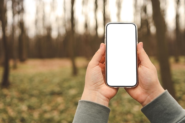 Hand met telefoon met leeg scherm die foto of selfie maakt in het bos Er is geen signaal Het concept kan betrekking hebben op digitale detox of zakelijke boodschap