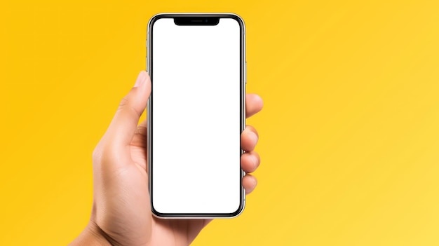 Foto hand met telefoon met mockup wit leeg scherm geïsoleerd op gele achtergrond met kopieerruimte