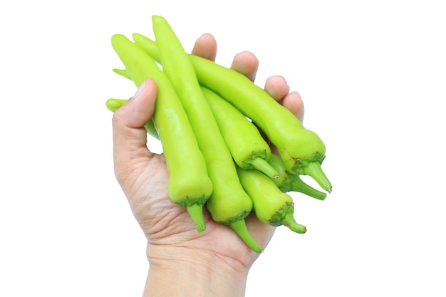 Hand met Thaise chili lange peper of groene bananenpepers op een witte geïsoleerde achtergrond