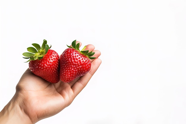 Hand met verse aardbeien geïsoleerd op een witte achtergrond met kopieerruimte