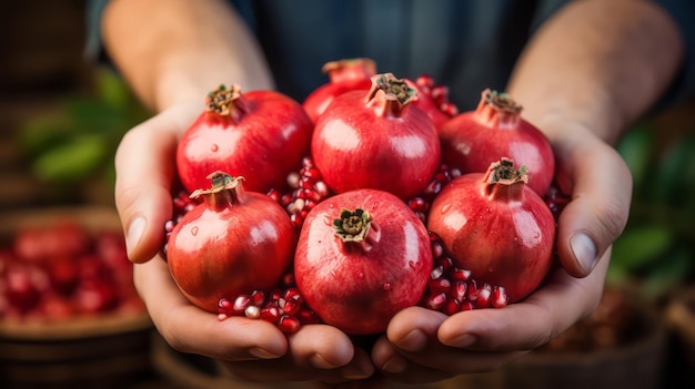 Hand met verse granaatappels