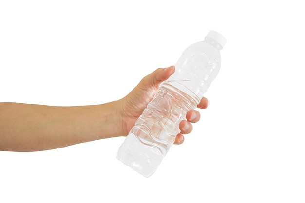 Foto hand met waterfles geïsoleerd op een witte achtergrond omvatten uitknippad