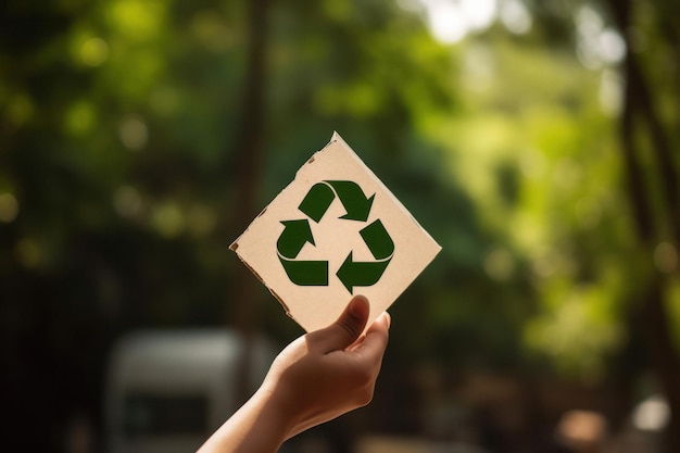 Hand met wit bord met recycling symbool op groene bokeh achtergrond