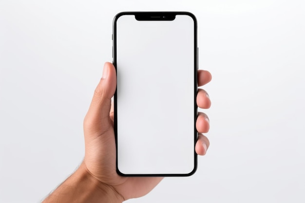 Hand met zwarte smartphone met leeg wit scherm mockup geïsoleerd op witte achtergrond Telefoon met modern frameloos ontwerp voor website-app en advertentie