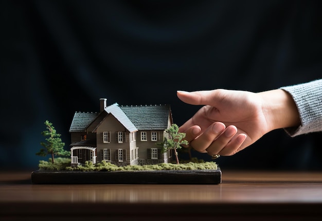 a hand over a miniature model of a house model