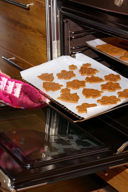 손바닥에 손바닥을 넣고 오븐에 진저브레드 쿠키를 넣고 휴가를 위해 진저브레이드 쿠키는 만니다.