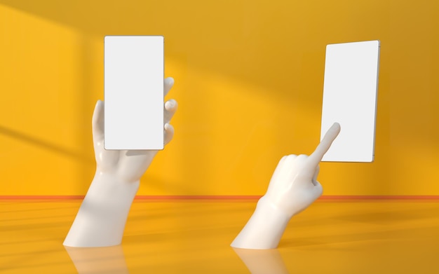 Hand and mobile with yellow background 3d rendering