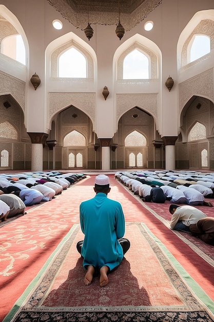 Photo hand of muslim people praying with mosque interior background