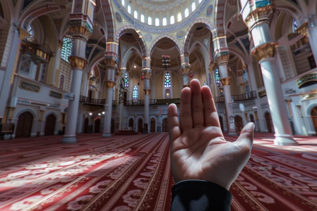 Foto mano di musulmani che pregano sullo sfondo interno della moschea