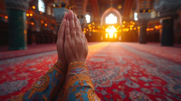 Hand of muslim people praying with mosque interior background