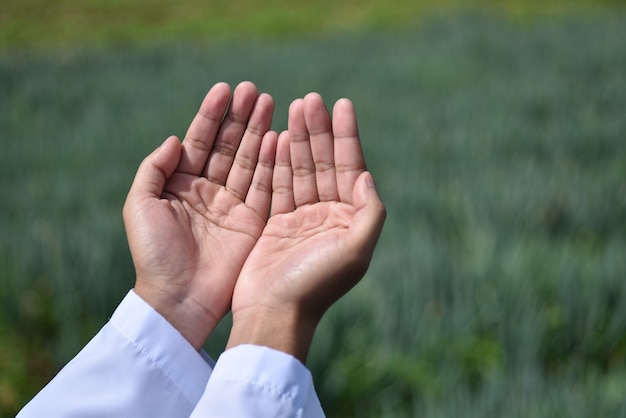 Hand of muslim praying. Islamic concept