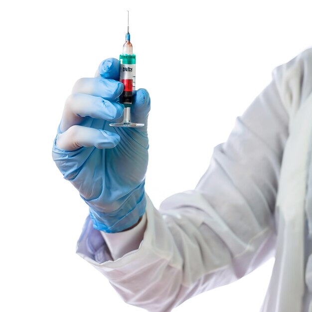 the hand of a nurse in nitrile blue gloves holds a syringe with a medicine selective focus