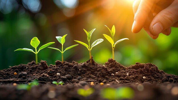 Hand Nurturing Young Plants in Fertile Soil