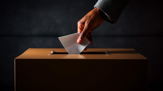 Фото Рука человека, подающего бюллетень на избирательном участке во время голосования.