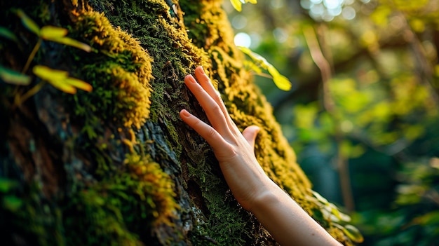 Фото Рука человека на мохе на коре дерева