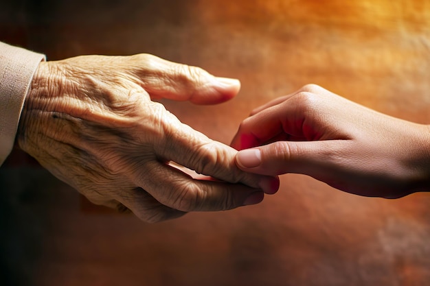 the hand of an old lady and the hand of a younger man