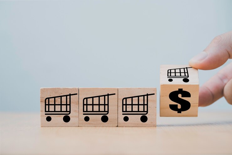 Foto hand omdraaien van houten kubusblok voor winkelwagen met wisselkarretje naar dollarteken, marketing- en verkoopgroeiconcept.