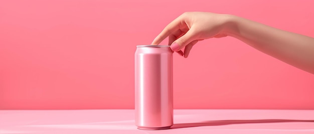 Hand Opening a Blank Pink Soda Can on Pink Background