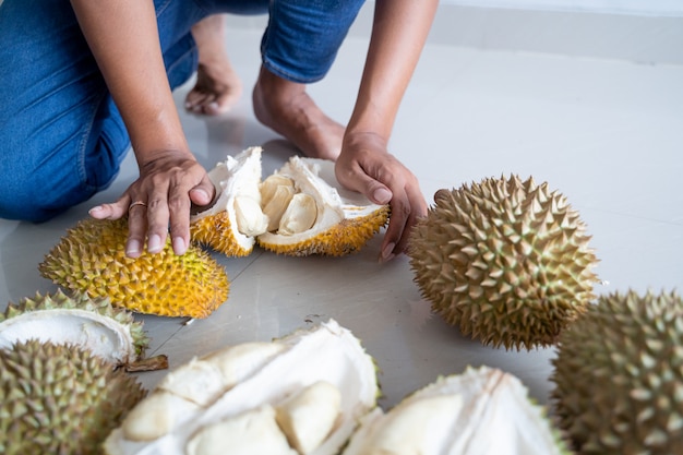 Hand opening durian fruit