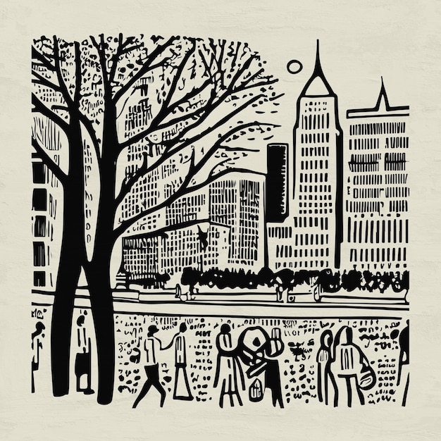 Photo hand painted black ink central park new york illustration