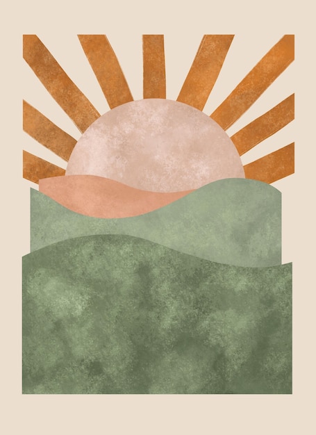 手描き ボヘミアン 抽象的 現代 ウォールアート 太陽 塗装 風景 自然の風景 印刷可能