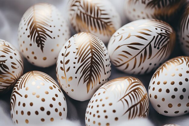 hand painted decorated Easter eggs pattern flat lay white and gold colors modern