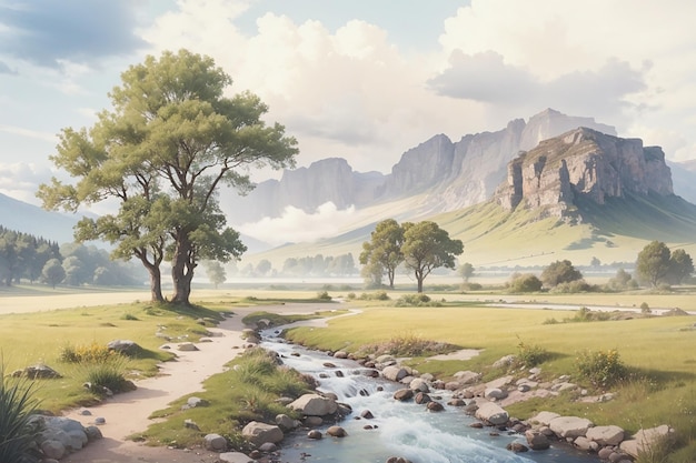 Hand painted detailed watercolour landscape background