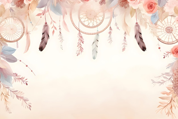 hand painted dream catcher border in the style of subtle pastel tones