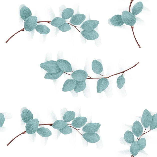 Hand painted eucalyptus branches and leaves seamless pattern