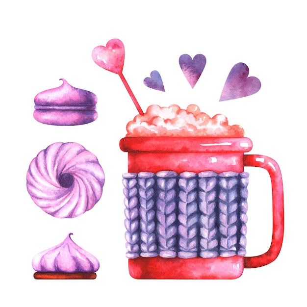 Hand painted illustration of watercolor sweets coffee cup and purple hearts isolated on white background