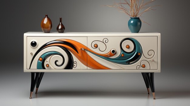 Foto sideboard retrofuturista dipinto a mano con dettagli ornamentali