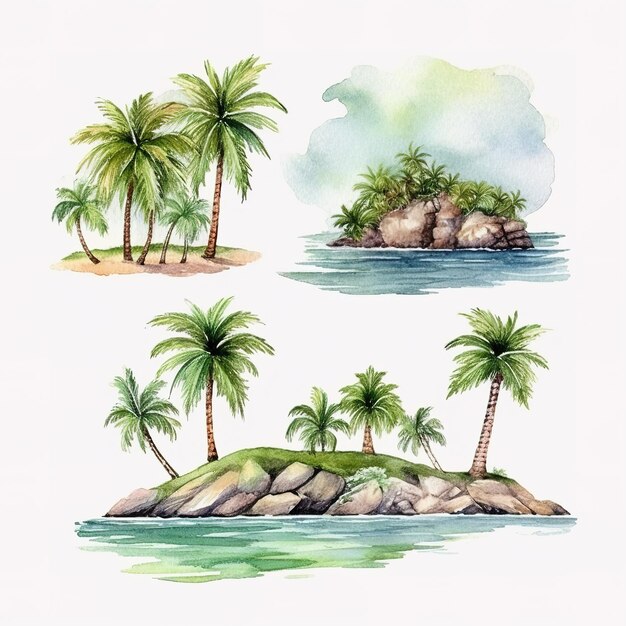 Foto alberi tropicali dipinti a mano illustrazioni set di clip art