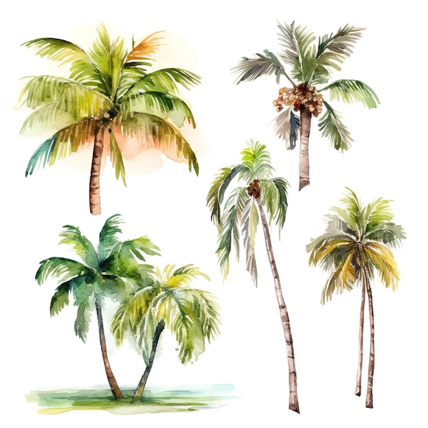 Photo hand painted tropical trees illustrations clip art set