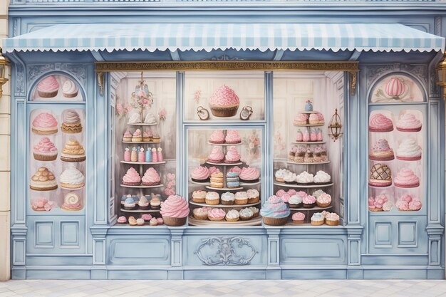 Hand painted vintage bakery with delicious cupcakes background